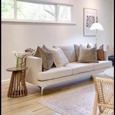 Sale Photo Thumbnail #11:  modern tailored skinny arm metal leg linen sofa  90 “