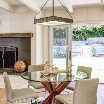 Sale Photo Thumbnail #61: -  dining Wood pedestal dining 38” round or  6’ rectangular glass top
- Greige leather chrome square back luxe dining chairs