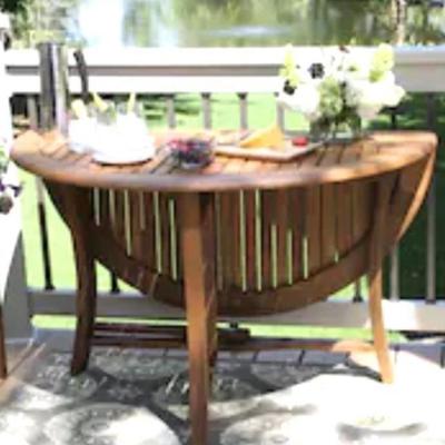 Sale Photo Thumbnail #238:  Teak slatted outdoor table 38” (QTY 2)  