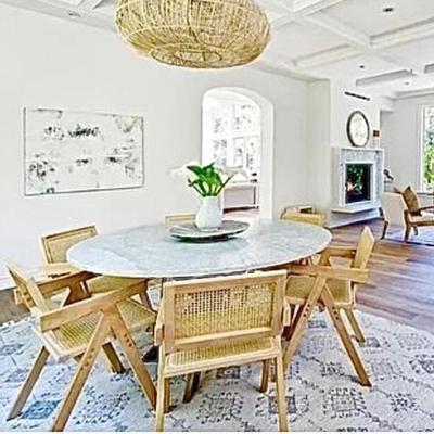 Sale Photo Thumbnail #69: -  Dining 60” round solid marble top w. silver key design base  
- Retro boho chairs (5)