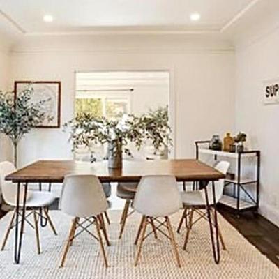Sale Photo Thumbnail #70: Farm dining table $75 and  White resin splayed wood leg dining chairs (4)
