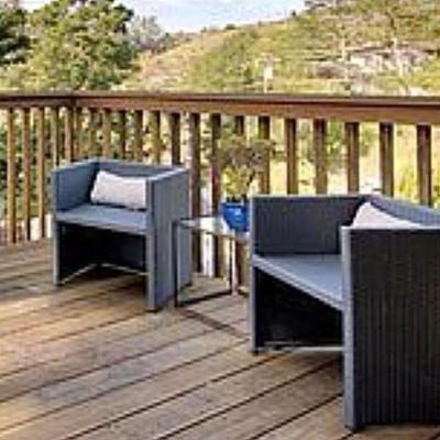 Sale Photo Thumbnail #240:  Dark gray square back outdoor chairs with metal table set of 3