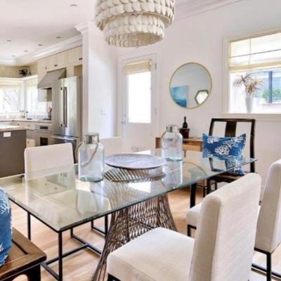 Sale Photo Thumbnail #77: -  Dining table
-  Linen metal base chairs 
-   Antique chairs (2)