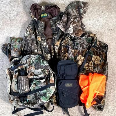 Hunting Gear Lot – Camo Jacket, Vest, Packs & Accessories