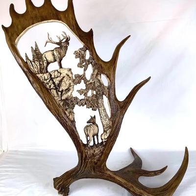 Carved Moose Antler with Wildlife Scene