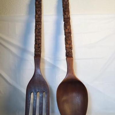 Vintage Oversized Hand-Carved Wooden Fork & Spoon Wall Decor