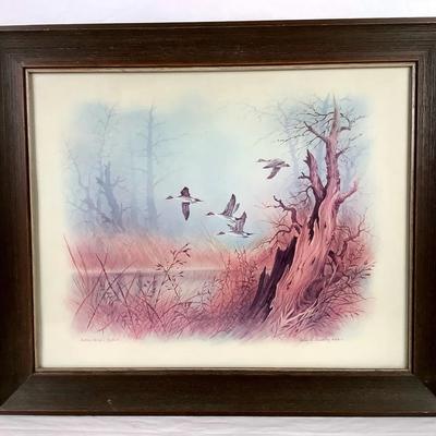 Framed Landscape Art Print with Birds – Signed