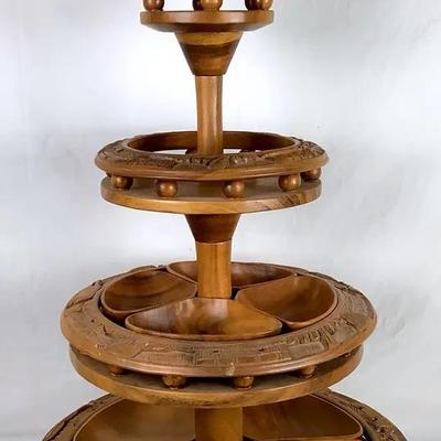Vintage Hand Carved Wood 3-Tier Serving Lazy Susan 