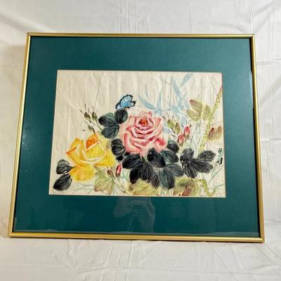 Framed Asian Watercolor Floral Painting with Butterfly, Signed & Sealed