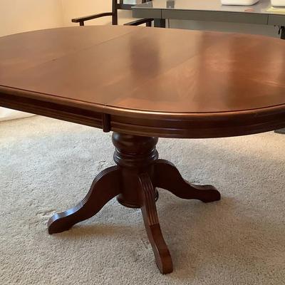 Solid Wood Round Pedestal Dining Table with One Leaf & 3 Optional Chairs
