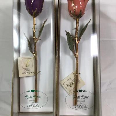 Pair of Real Roses Preserved in 24K Gold – Purple & Coral