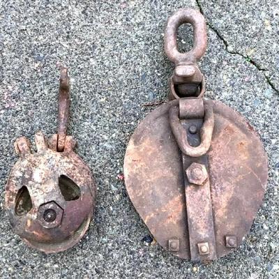 Lot of 2 Vintage Cast Iron Rope Pulleys with Hooks – Barn / Industrial Hardware