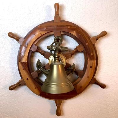 Vintage Nautical Brass Ship’s Bell Mounted on Wooden Ship’s Wheel Wall Decor