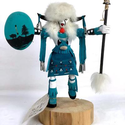 Handcrafted Kachina-Style Doll with Accessories on Wooden Base