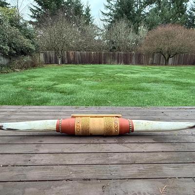 Decorative Longhorn Steer Horns, Mounted with Leather & Rope Accents