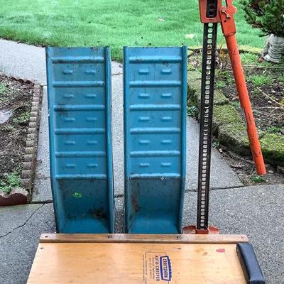 Automotive Service Lot: Steel Auto Ramps, Vintage Creeper & High-Lift Jack