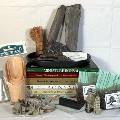 Bonsai Enthusiast Lot – Books, Tools, Figurines & Display Stones