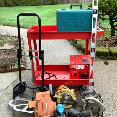 Handyman Tool Lot w/ Rolling Tool Cart, Makita Power Tools, Circular Saws, Sanders, Levels & More