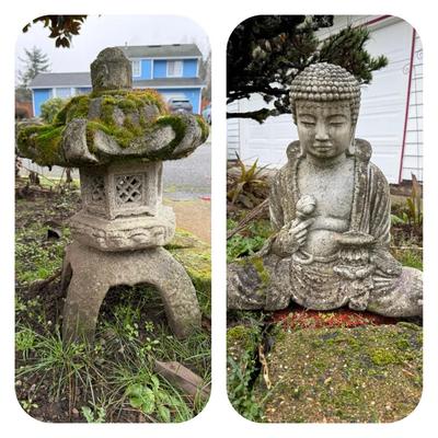 Stone Garden Buddha Statue & Japanese-Style Stone Lantern – Outdoor Yard Decor (2 Pieces)