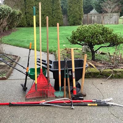 Assorted Yard & Garden Tools Lot – Rakes, Shovels, Pruners & More