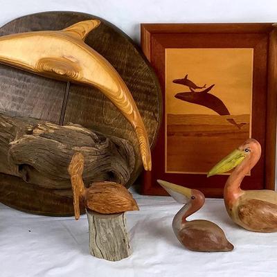 Collection of Hand-Carved Wooden Sea Life Sculptures & Wall Art