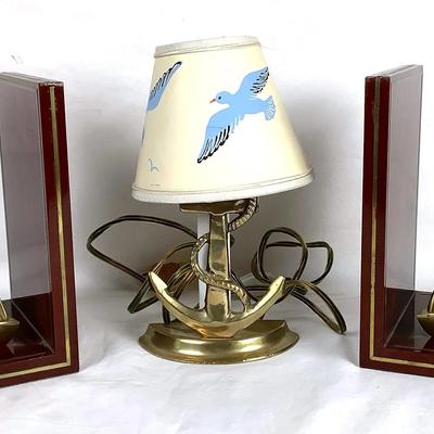 Vintage Nautical Brass Sailboat Bookends w/ Matching Anchor Lamp – Coastal Décor Set