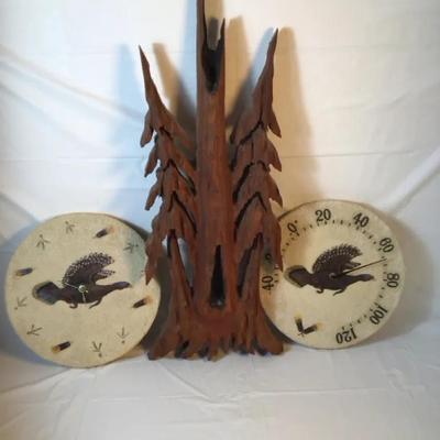 Rustic  Carved Wood Tree Sculpture Art w/ Pheasant Barometer & Thermometer
