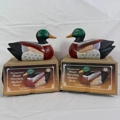 Pair of Vintage Hand-Painted Bisque Porcelain Mallard Duck Banks with Original Boxes