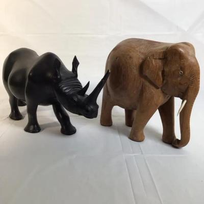 Carved Elephant & Rhinoceros Figurines – Decorative Animal Sculptures