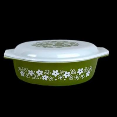 Two Vintage Pyrex Spring Blossom Green Casserole Dish w/ Lids