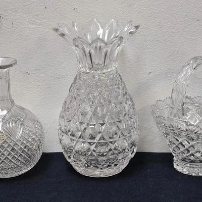 American Brilliant Cut Glass Open Carafe, Crystal Pinapple Vase & Basket With Handle