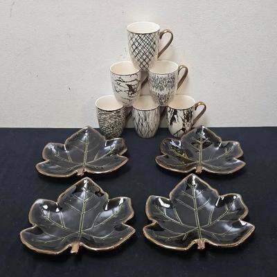 MIKASA Countryside Harvest Leaf Stoneware Plates JA 169, CERTIFIED INTERNATIONAL Gold Accent Mugs 