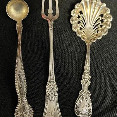 Sterling Silver Sugar Sifter, Cocktail Fork, & Sauce Ladle 