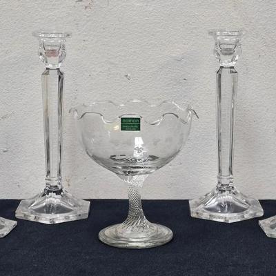 MIKASA Crystal Candle Sticks, EAMON Shamrock Hand Engraved Footed Compote Dish IRELAND