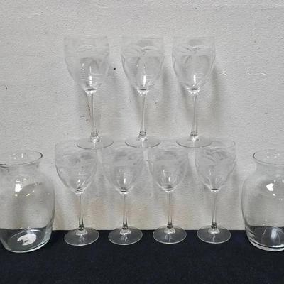 Crystal Stem Etched Palm Tree Wine Glasses(7), Clear Glass Vases(2)