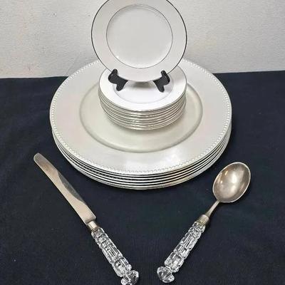 SANGO JAPAN Sheffield 3725 Dessert Plates, Silverplate Crystal Handle Serving Knife/Spoon, Chargers