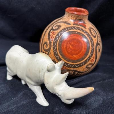 African Soapstone Rhinoceros Sculpture + Folk Pottery