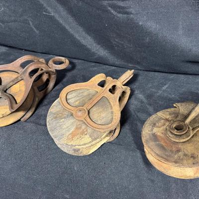 Antique Cast Iron Pulleys with Wood Wheels