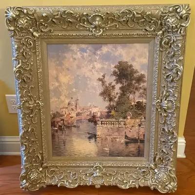 View of Rio Ognissanti with Church of Gusuati Beyone Ornate Gilt Framed Art