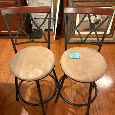Pair of Contemporary Swivel Bar Stools - High Back with Dark Wood & Metal Accents