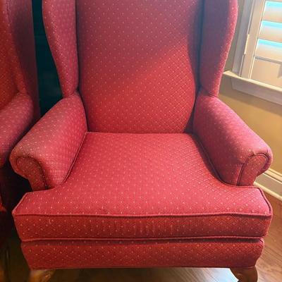Pair of Vintage Queen Anne Style Wingback Chairs - Deep Red Patterned Upholstery