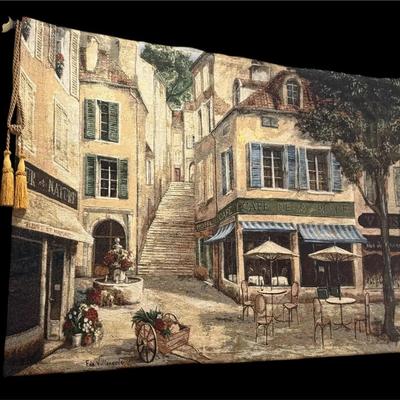 Cafe De La Place Tapestry Wall Hanging by F. de Villenueve