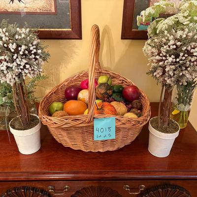 5-Pc Faux Botanical Decor Set: Wicker Fruit Basket, Topiaries & Floral Vases