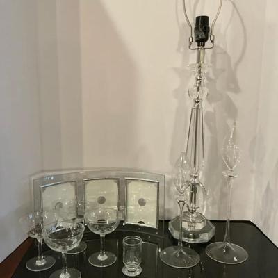 Glass Lamp, Stemware, And Picture Frame