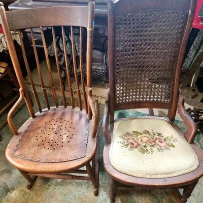 Pair of Rocking Chairs, Including Embroidered Seat Chair