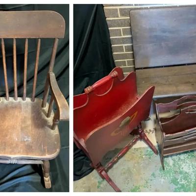 Vintage Child’s Furniture featuring Folding School Seat, Rocking Chair & Magazine Racks