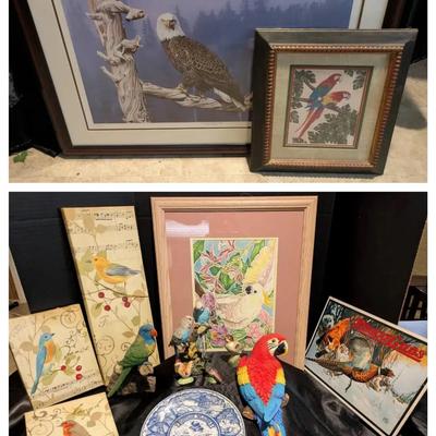 Bird-Themed Décor Collection with Framed Eagle Print, Parrots, and Decorative Birds