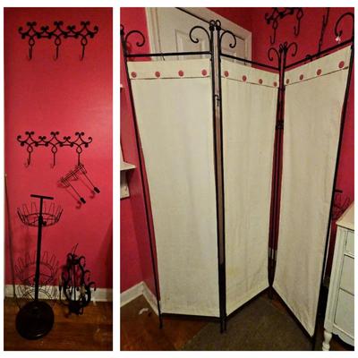 Metal Wall Hooks, Decorative Light, Shoe Rack & Three-Panel Dressing Screen