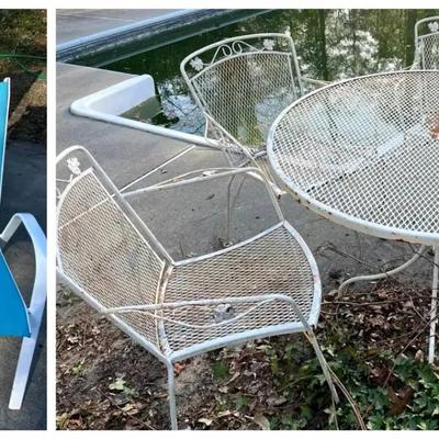 White Metal Mesh Patio Furniture Set with Table, Chairs, Bench & Blue Sling Chairs