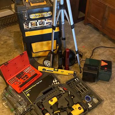 Rockford Ratchet Set, Rolling Tool Box with Tools, Tripod, Level & Workshop Accessories